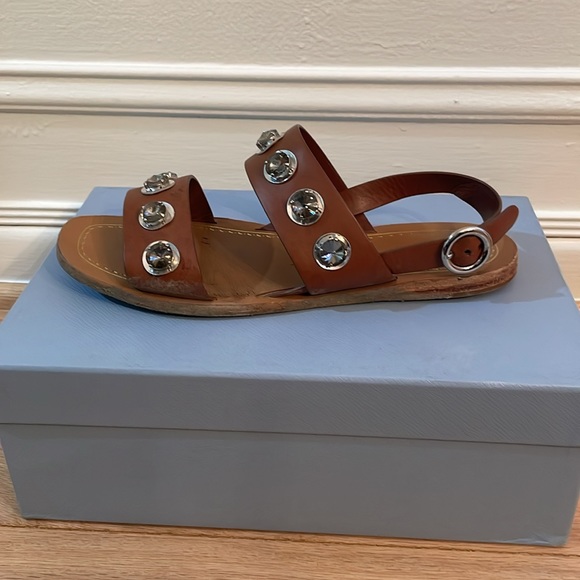Prada Brown Leather Sandals with Large Rhinestones - Picture 3 of 9